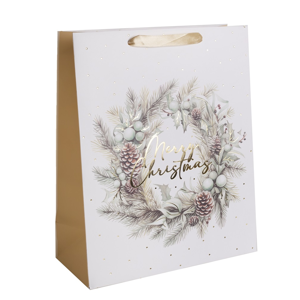 Iris karácsonyi koszorú mintás Szalagfüles Papír ajándéktasak (31x42 cm) - Fehér/Arany (370376)