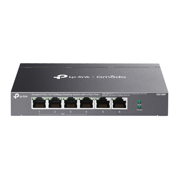 TP-Link DS106P Omada Fémházas 6-port 10/100 Mbps PoE+ Switch