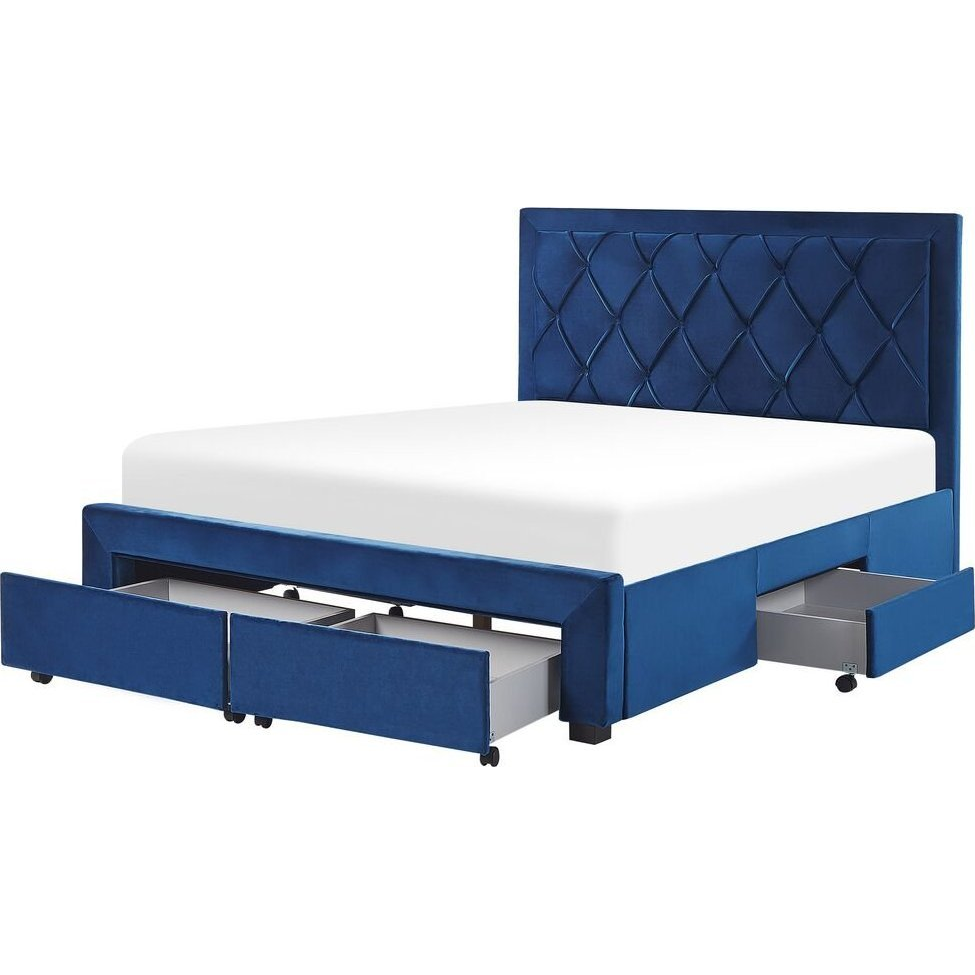 Cama Con Almacenaje De Terciopelo Azul Marino 160 X 200 Cm Cajones Cabecero Alto Capitoné Glamuroso Lievin - Azul