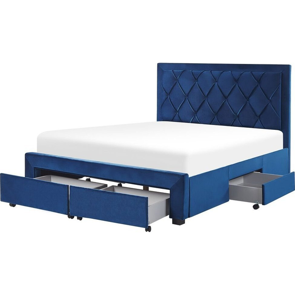 Cama Con Almacenaje De Terciopelo Azul Marino 160 X 200 Cm Cajones Cabecero Alto Capitoné Glamuroso Lievin - Azul