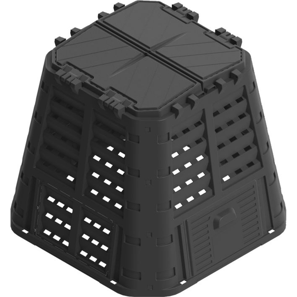 Komposztáló, Qbrick Patrol Eco Multi, fekete, 480 l, 93,3 x 93,3 x 80 cm, fedeles, alsóürítőajtóval, egyszerű össszeszerelés