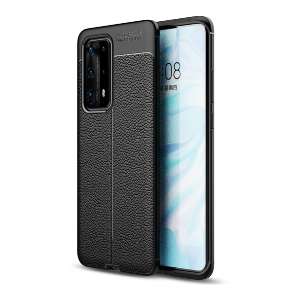 Szilikon telefonvédő (közepesen ütésálló, bőr hatású, varrás minta) FEKETE [Huawei P40 Pro+ 5G] (5996457934843)