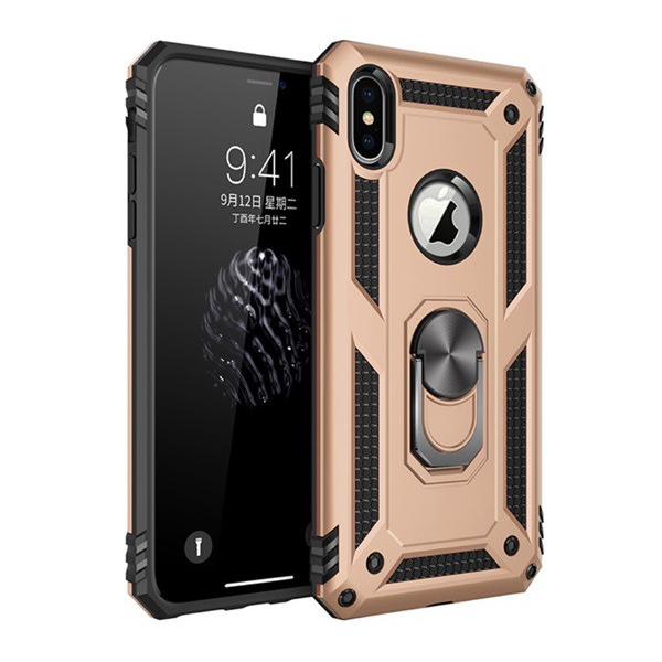 Defender műanyag telefonvédő (közepesen ütésálló, szilikon belső, telefontartó gyűrű, fémlemez, logó kivágás) ARANY [Apple iPhone XS 5.8] (5996457892389)