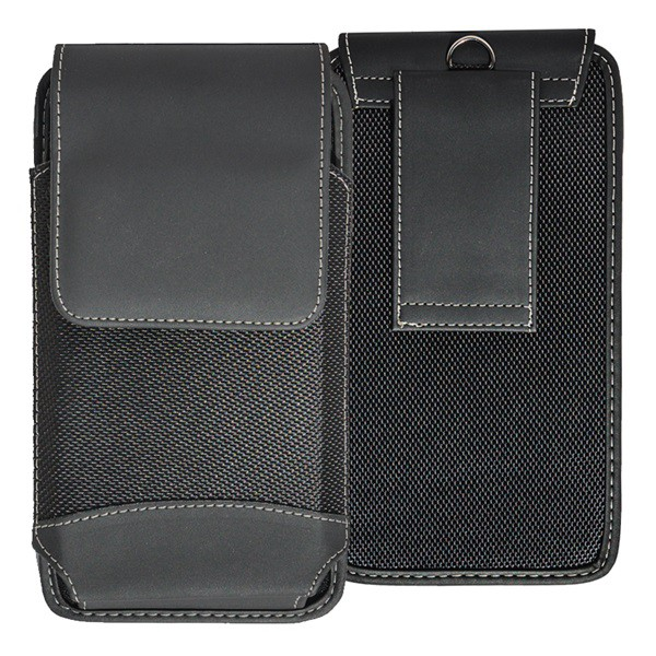 Tok álló, bőr hatású (univerzális, övre fűzhető, tépőzáras, textil, bőr hatású bevonat, 6.5" méret) FEKETE [Samsung Galaxy M53 (SM-M536)]