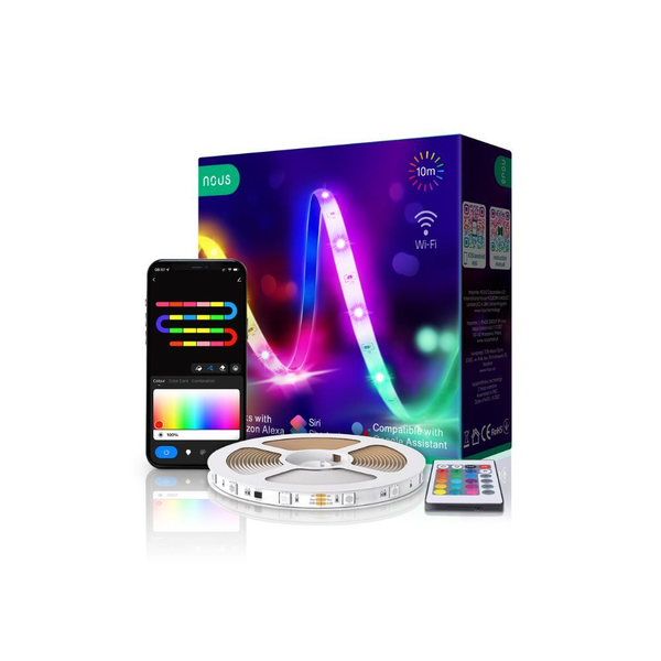 Смарт LED лента RGB Nous F2, Wi-Fi, Гласов контрол, Датчик за синхронизиране с музика, 24W, 1700 лумена, Цветна светлина, 10 м, Съвместима с Google Assistant, Аmazon Аlexa