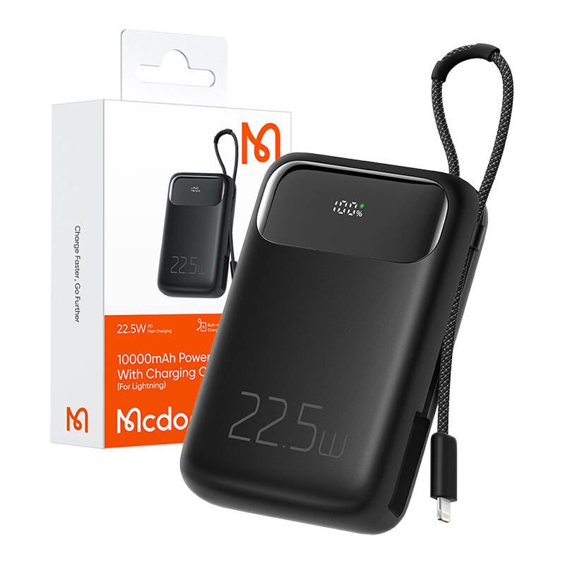 Mcdodo 10000mAh Power Bank beépített Lightning kábellel 22.5W fekete (MC-3253) (MC-3253)