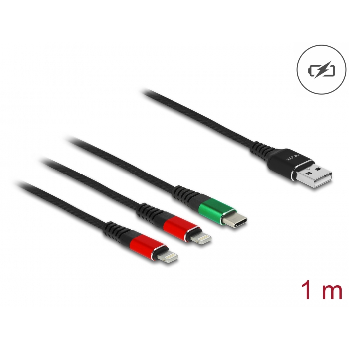 Nabíjací kábel USB 3v1 typ A na 2x Lightning / USB-C 1m Delock 86821