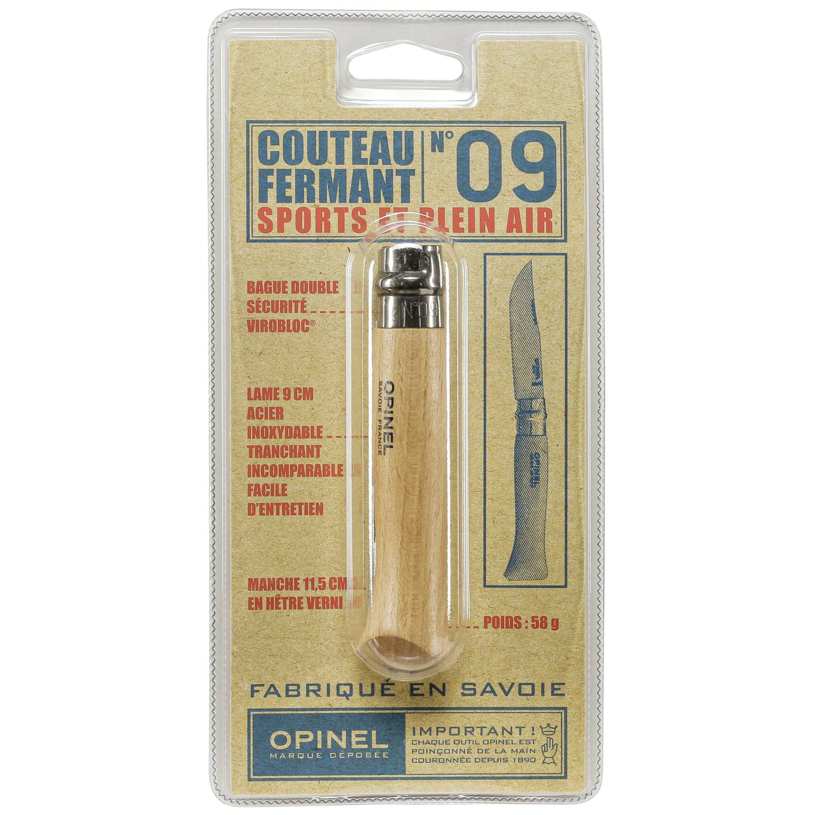 Opinel 001254 No.09 Összecsukható Zsebkés - Fa markolattal (001254)