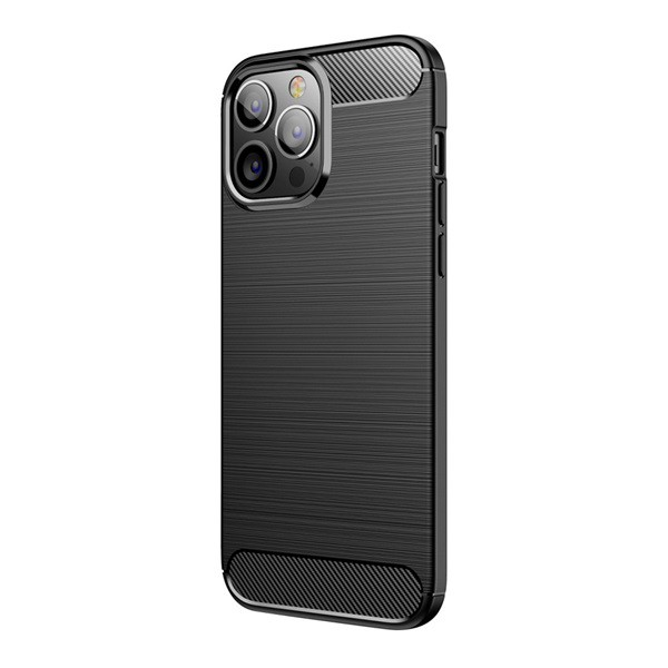 Szilikon telefonvédő (közepesen ütésálló, légpárnás sarok, szálcsiszolt, karbon minta) FEKETE [Apple iPhone 13 Pro Max] (5996591098296)