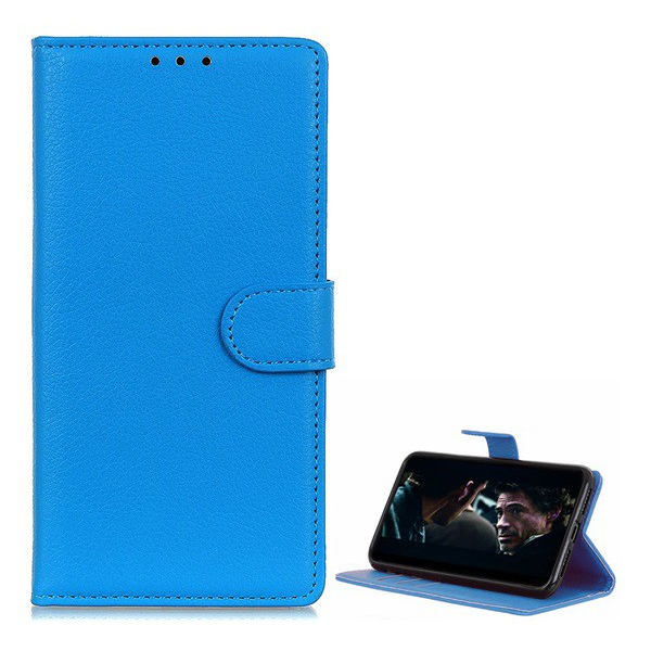 Tok álló, bőr hatású (FLIP, oldalra nyíló, asztali tartó funkció, prémium) VILÁGOSKÉK [Samsung Galaxy A20s (SM-A207F)] (5996457924042)