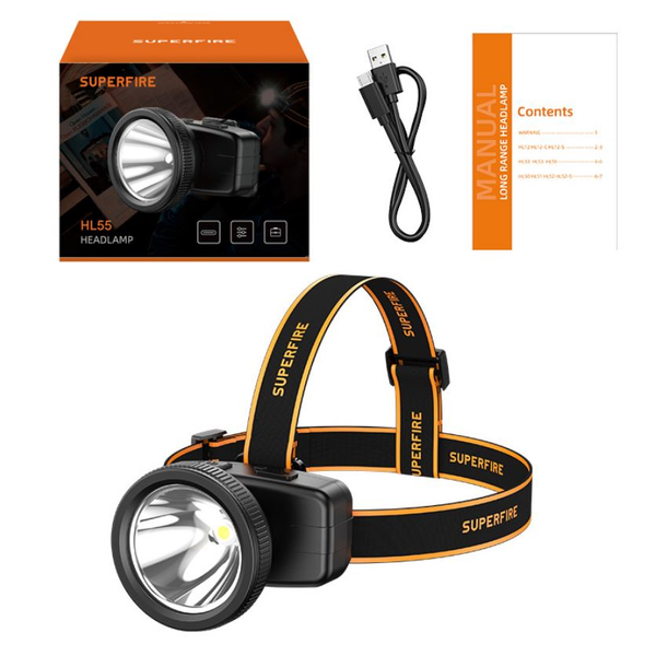 LED челник Superfire HL55, 3W, 150 лумена, Зареждане USB-C, Акумулатор 800 mAh, IP43
