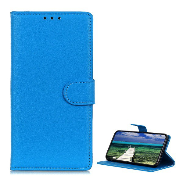 Tok álló, bőr hatású (FLIP, oldalra nyíló, asztali tartó funkció, prémium) VILÁGOSKÉK [Samsung Galaxy M23 (SM-M236)] (5996591160436)