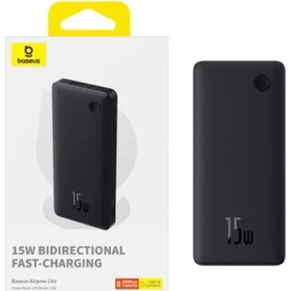 Baseus Airpow Lite powerbank 10000 mAh, 15W, fekete + USB Type-C, 30cm kábel