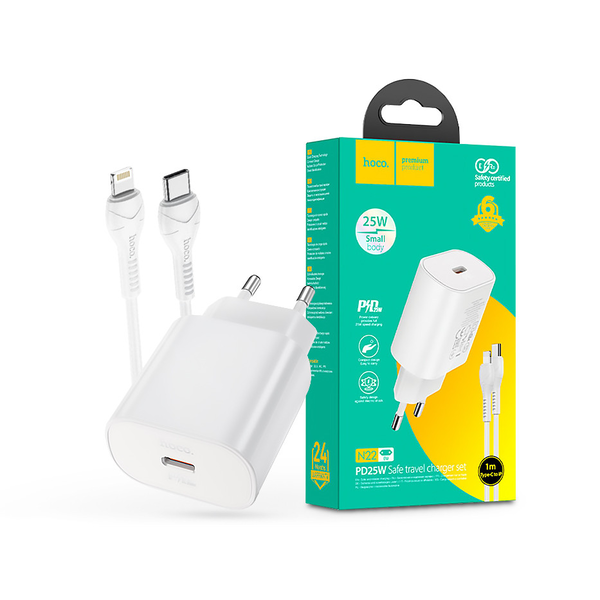 HOCO hálózati töltő adapter Type-C bemenettel + 1 m-es Type-C - Lightning kábel - 25W - HOCO N22 Charger Set PD + QC - fehér (HC600682)