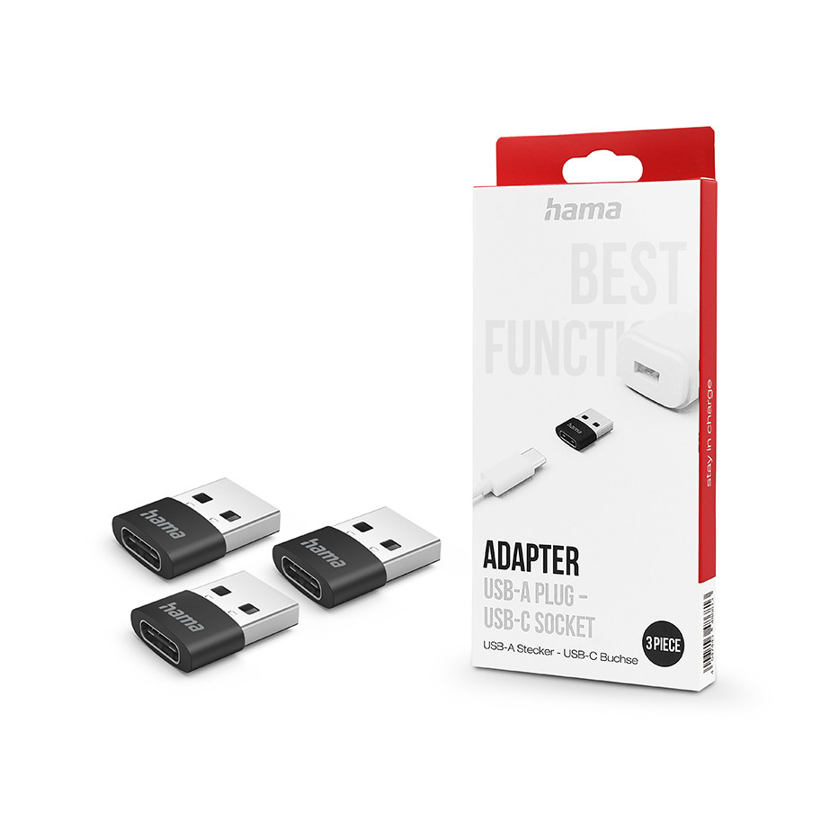 HAMA USB Type-C - USB-A adapter - HAMA Adapter USB-A Plug - USB-C Socket - 3 db/csomag - fekete (201532)