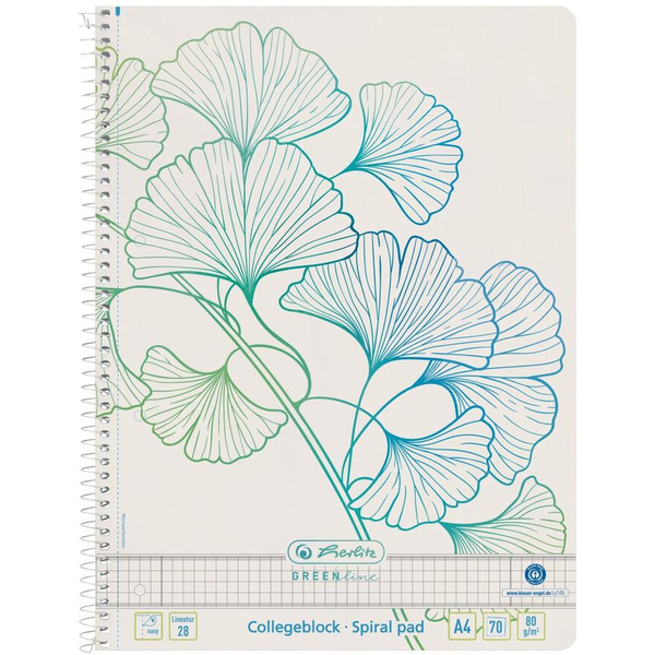 Бележник Herlitz, A4, спирала, 70 страници, рециклирана хартия, 80 g/m², двуредова, перфорации, микроперфорации, квадратчета, мотив гинко, серия зелени линии