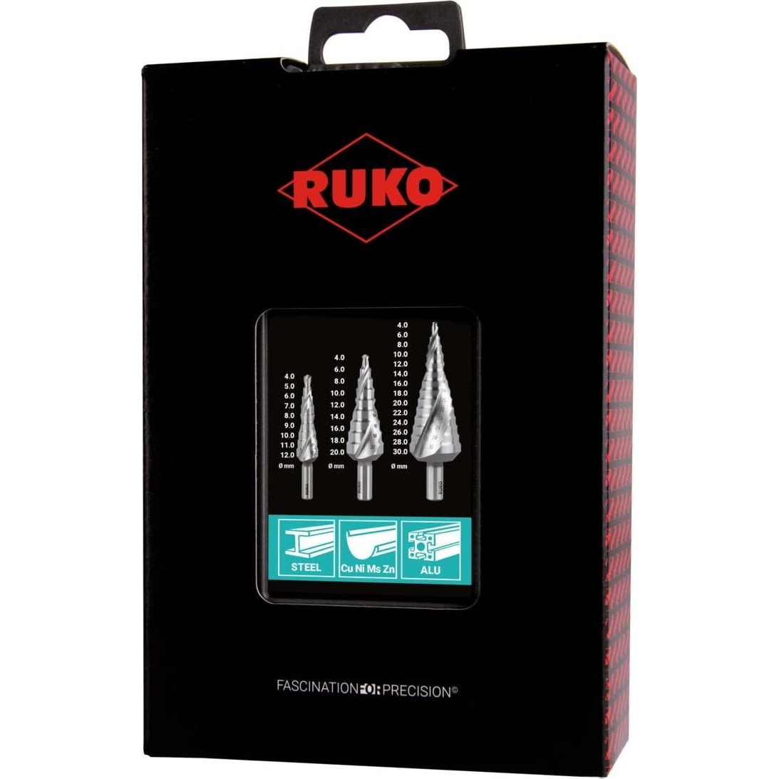 RUKO 101026RO Fokozatfúró készlet 3 részes 4 - 12 mm, 4 - 20 mm, 4 - 30 mm HSS 3 oldalú szár 1 készlet ( )