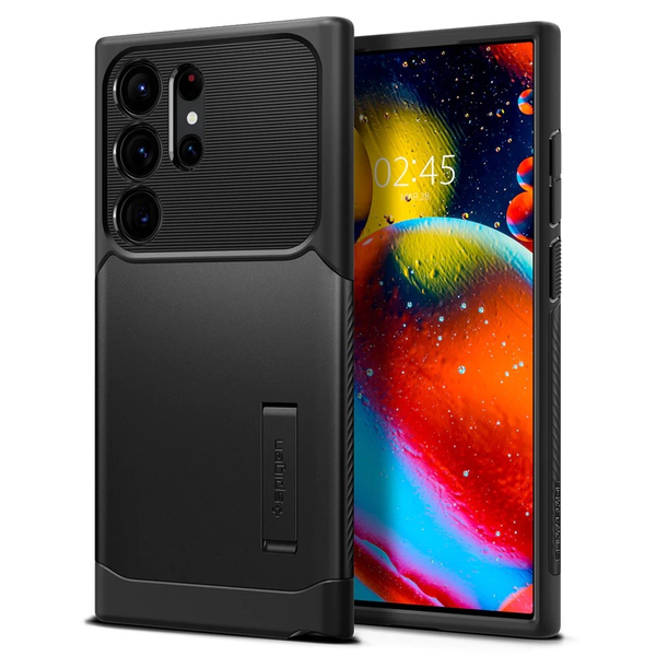 Samsung Galaxy S23 Ultra SM-S918, Szilikon tok, műanyag hátlappal, kitámasztóval, Spigen Slim Armor, fekete