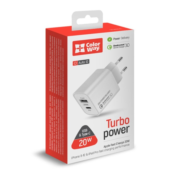 COLORWAY USB töltő adapter, (Type-C PD + USB QC3.0) (20W) V2 white (CW-CHS025QPD-WT)