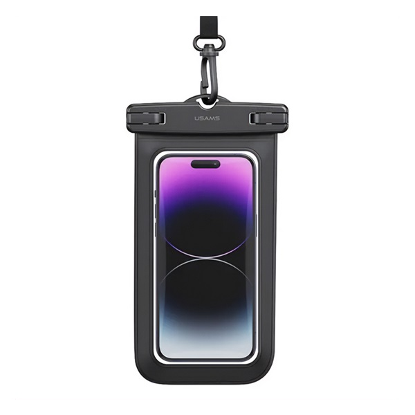 Usams YD011 vízhatlan/vízálló tok (univerzális, IPX68, nyakba akasztható, 6.7" méret) FEKETE (FSD1201) (FSD1201)