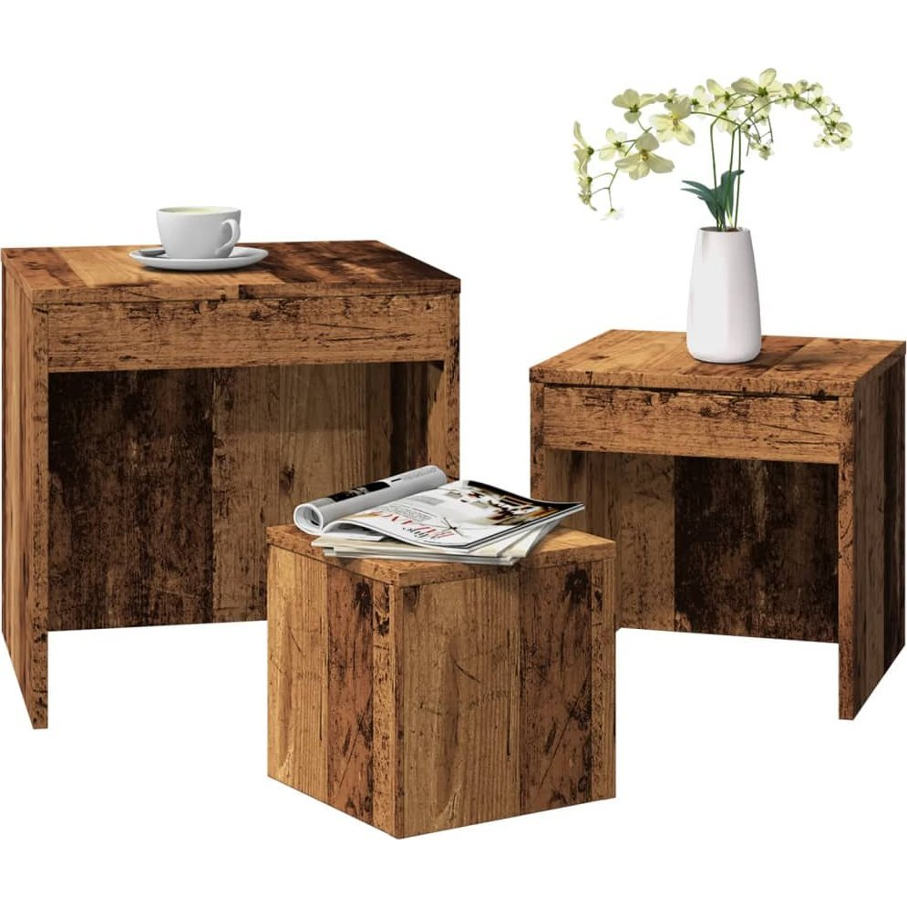 3 db antik fa színű szerelt fa egymásba tolható asztal (856686)