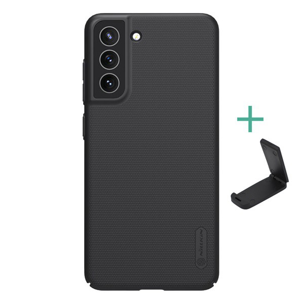 NILLKIN SUPER FROSTED műanyag telefonvédő (gumírozott, érdes felület + asztali tartó) FEKETE [Samsung Galaxy S21 FE (SM-G990)] (5996591088600)