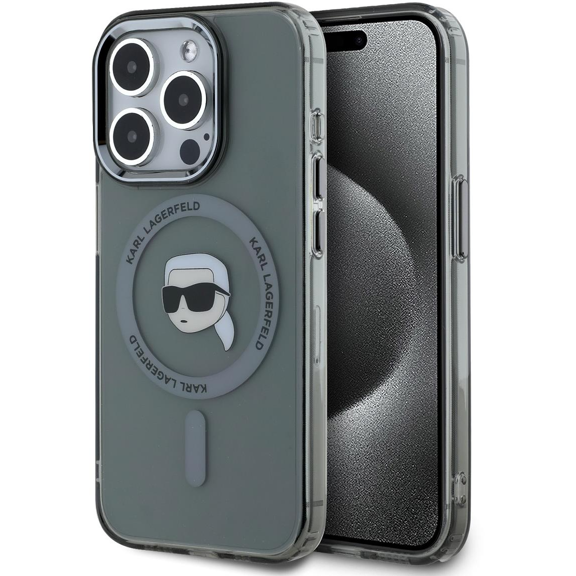 Karl Lagerfeld IML Karl Head Metal Frame MagSafe iPhone 15 Pro Max Black tok (KLHMP15XHLSKIK)
