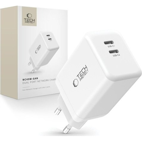Síťová nabíječka 45W, 2x USB-C, PD, PPS, GaN malá kompaktní Tech-Protect