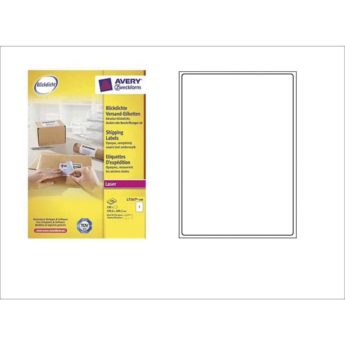 Avery Nagyfedőképességű Etikett Címke - 199.6x289.1 mm, 1 Címke/Ív, 100 Ív/Doboz, Fehér (L7167-100)
