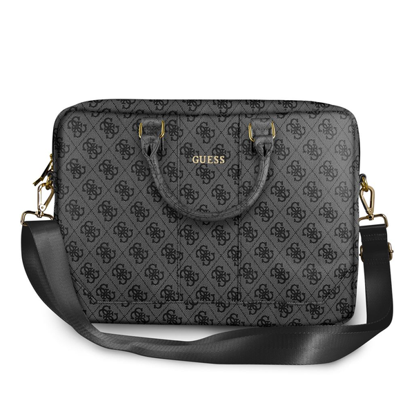 Geanta pentru laptop, Guess, 4G Uptown, 16 inch, Negru/Gri, Curea detasabila si reglabila, Piele ecologica