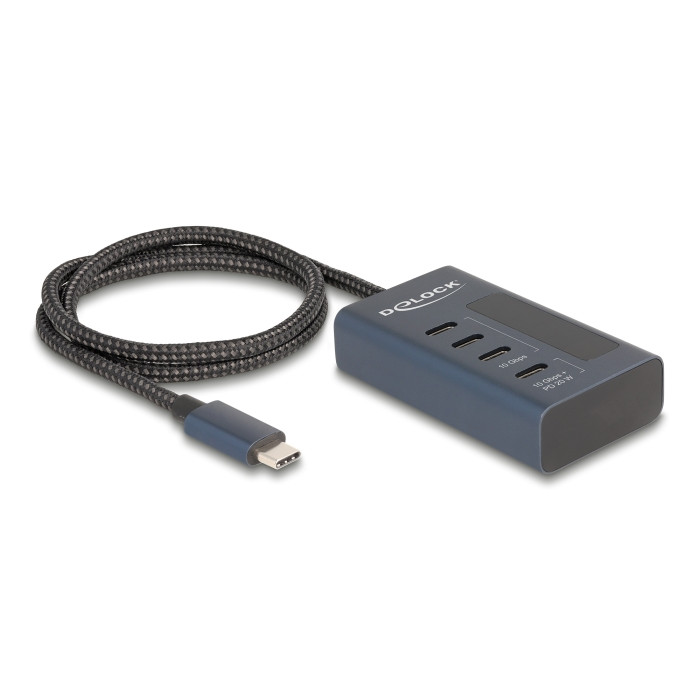 Delock USB 10 Gbps hub 4 db. USB Type-C porttal, amelyből 3 adat csatlakoztatási felület és egy adat és 20 Watt-os PD tápjelzéssel (64189)
