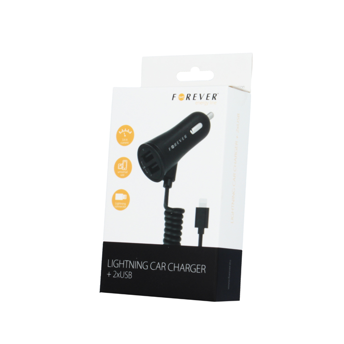 Forever 2xUSB-A Autós töltő + Lightning kábel 1m - Fekete (FE434449)