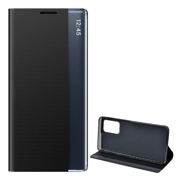 Tok álló, textil hatású (aktív FLIP, oldalra nyíló, asztali tartó funkció, Smart View Cover) FEKETE [Samsung Galaxy A52s 5G (SM-A528)] (5996591043241)