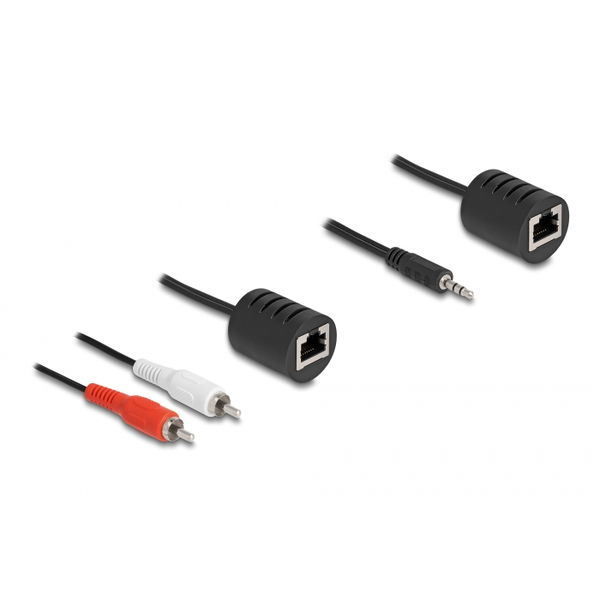 Delock Sztereo Audio bővítő RJ45 anya   3,5 mm sztereo jack apa és RJ45 anya - 2 db. RCA apa Cat.5 akár 50 m 2 db-os szett (87859)
