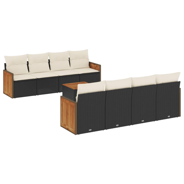 Set mobilier de grădină cu perne, 9 piese, negru, poliratan
