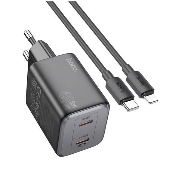 Hoco N42 2xUSB-C hálózati töltő adapter 45W fekete + USB-C - Lightning kábel (N42_LIGHTNING_B)