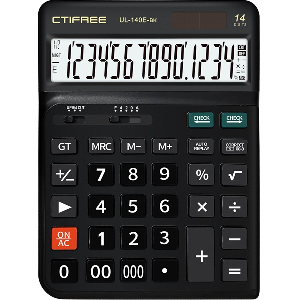 CTIFREE CT-140E-BK fekete ergonómikus számológép, 145x198mm, 14 számjegy, dual power (CT-140E-BK)
