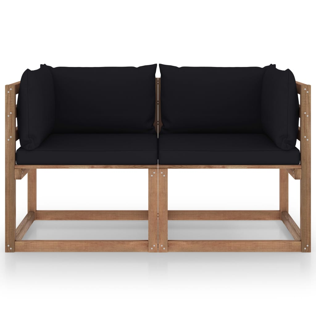 kétszemélyes fenyőfa kerti raklapkanapé fekete párnákkal (3067279)