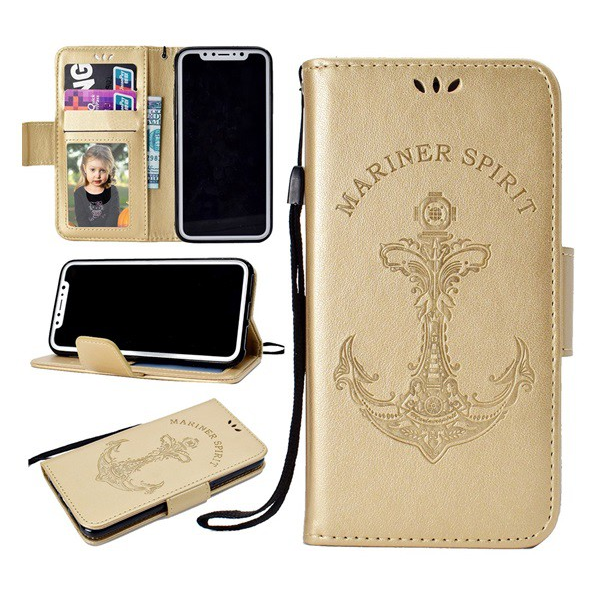 Tok álló, bőr hatású (FLIP, oldalra nyíló, asztali tartó funkció, csuklópánt, vasmacska minta) ARANY [Apple iPhone XS 5.8] (5996457813056)