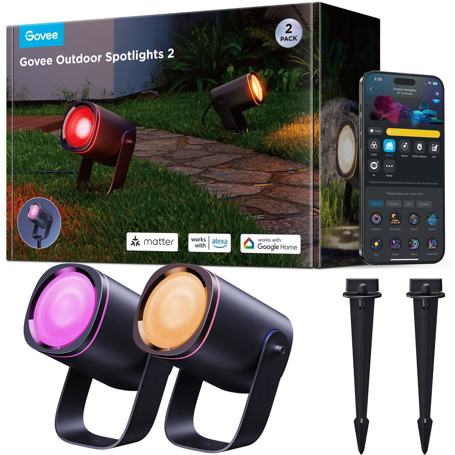 Govee RGBWW Smart Kerti reflektor, 750 lm, Matter, 2 db (H7093311)