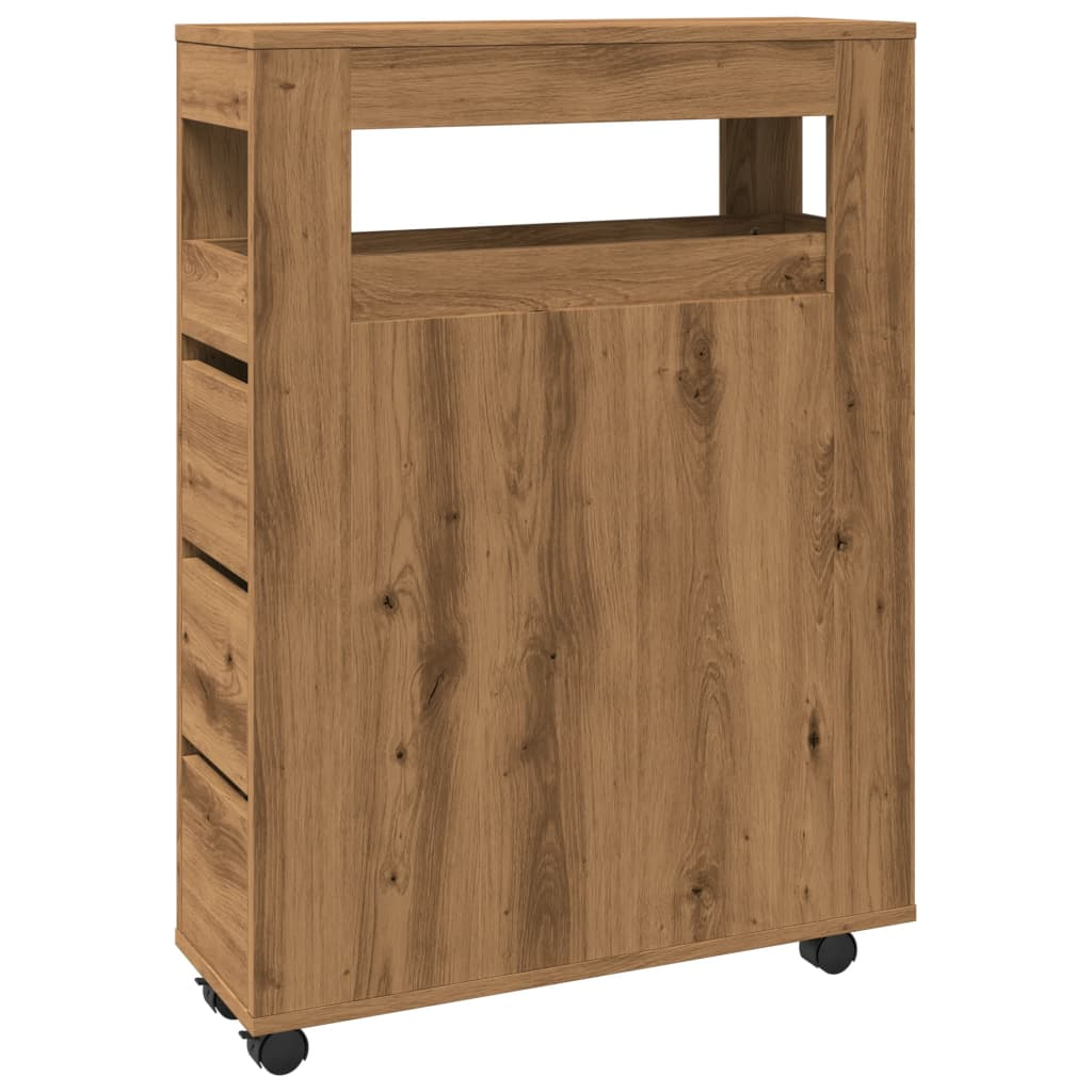 kézműves tölgy szerelt fa keskeny fürdőszobaszekrény kerekekkel (855276)