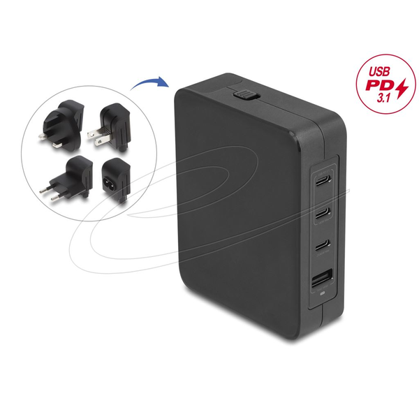 Delock USB GaN töltő 3x USB Type-C PD 3.1 + 1x USB Type-A 145W EU/USA/UK fekete (41473)