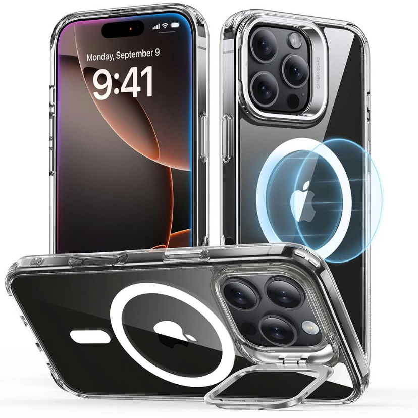 ESR Classic Hybrid Case with Stash Stand (HaloLock), Compatible with iPhone 16 Pro, Clear tok (1A7490101)