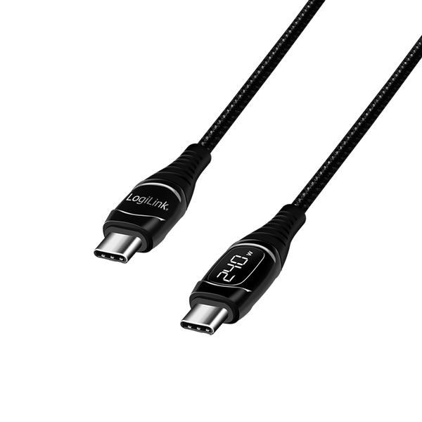 Кабел за захранване и данни LOGILINK, за смартфон, USB 2.0, USB Type-C (T) USB Type-C (T), 2m, PD 240W, OLED дисплей, никелирани конектори, черен