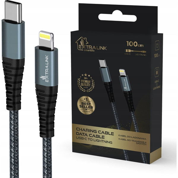 Extralink Smart Life Kábel, 27W, USB-C To Lightning, 100 cm, TPE, 9V 3A, Fekete