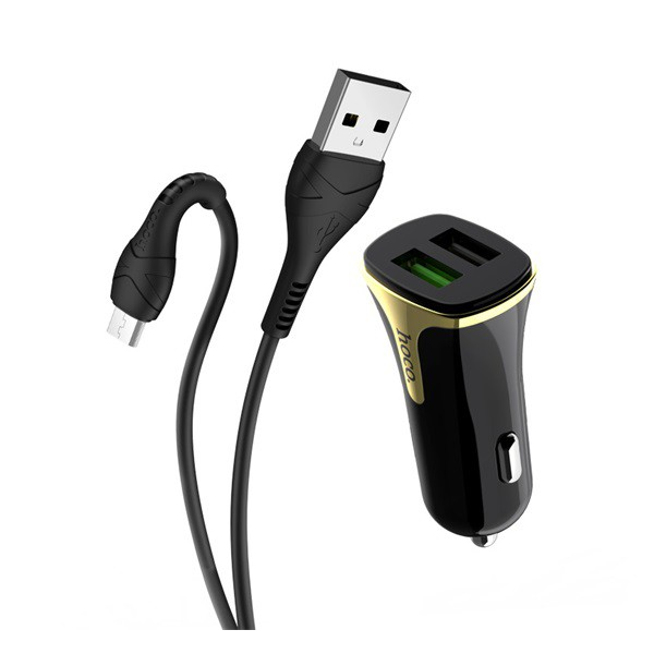 HOCO Z31 autós töltő 2 USB aljzat (5V / 3400mA, 18W, gyorstöltés támogatás, QC3.0 + microUSB kábel) FEKETE (Z31_MICROUSB_B)