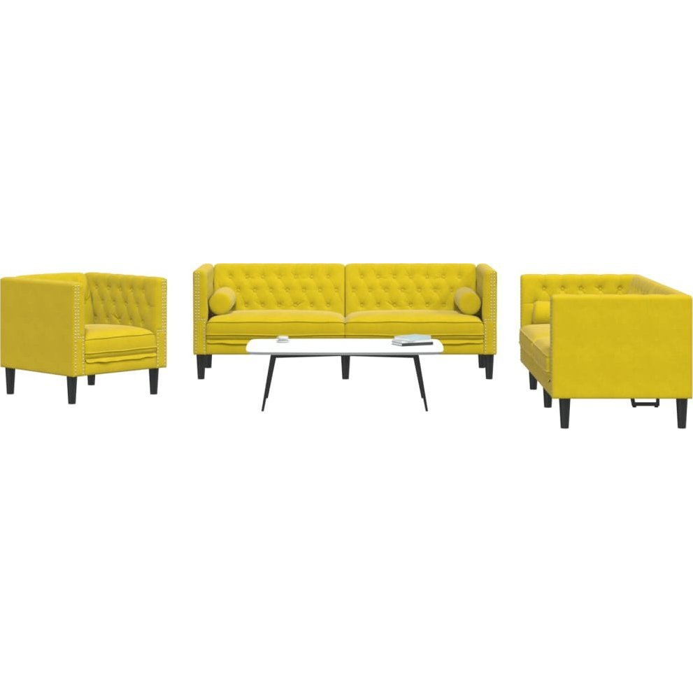 3 részes sárga bársony Chesterfield kanapészett hengerpárnákkal (3209287)