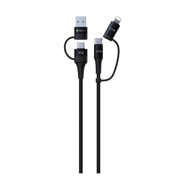 Devia EXTREME adatkábel 4in1 (USB+Type-C - lightning+Type-C, 60W, PD gyorstöltő, 150cm, cipőfűző) FEKETE (ST351167)
