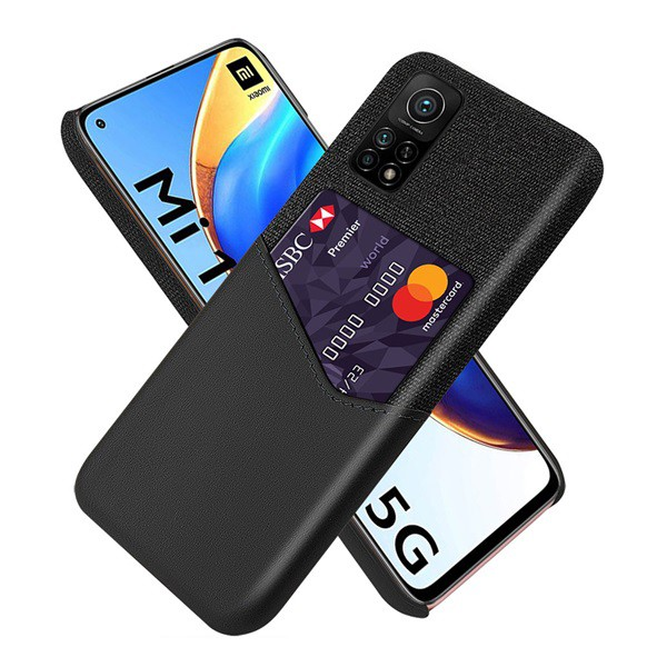 Műanyag telefonvédő (közepesen ütésálló, bankkártya tartó, textil bevonat, bőr hatású hátlap) FEKETE [Xiaomi Mi 10T Pro 5G] (5996591014722)