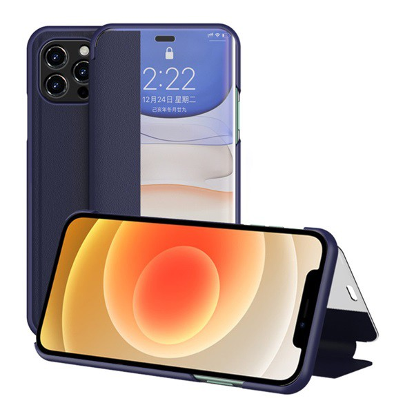 Tok álló, bőr hatású (FLIP, oldalra nyíló, asztali tartó funkció, hívószámkijelzés, View Window) SÖTÉTKÉK [Apple iPhone 12 Pro] (5996591013497)